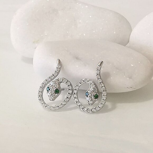 Genuine emerald gemstone CZ snake stud  earrings in Sterling Silver 🆕 - Picture 9 of 10